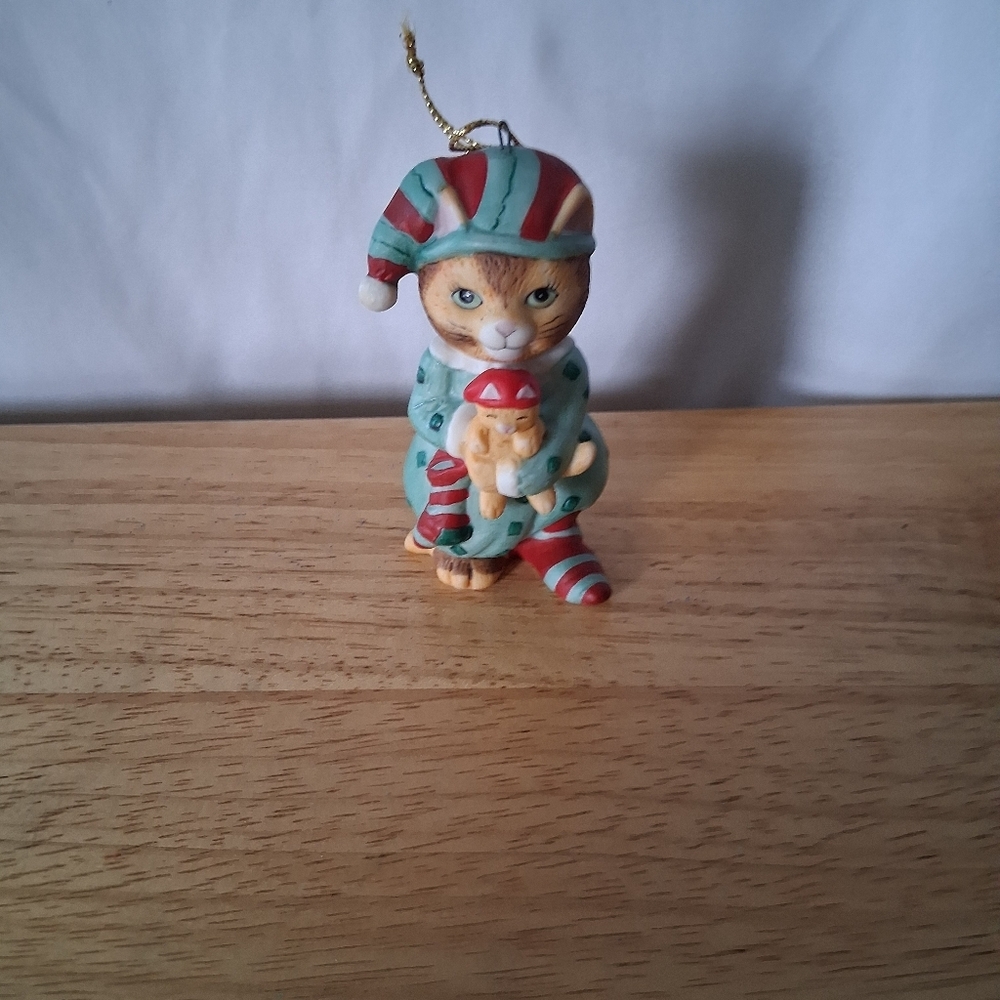 Festive Cat Ornament in Red and Green Holding Kitten In Their Pajamas